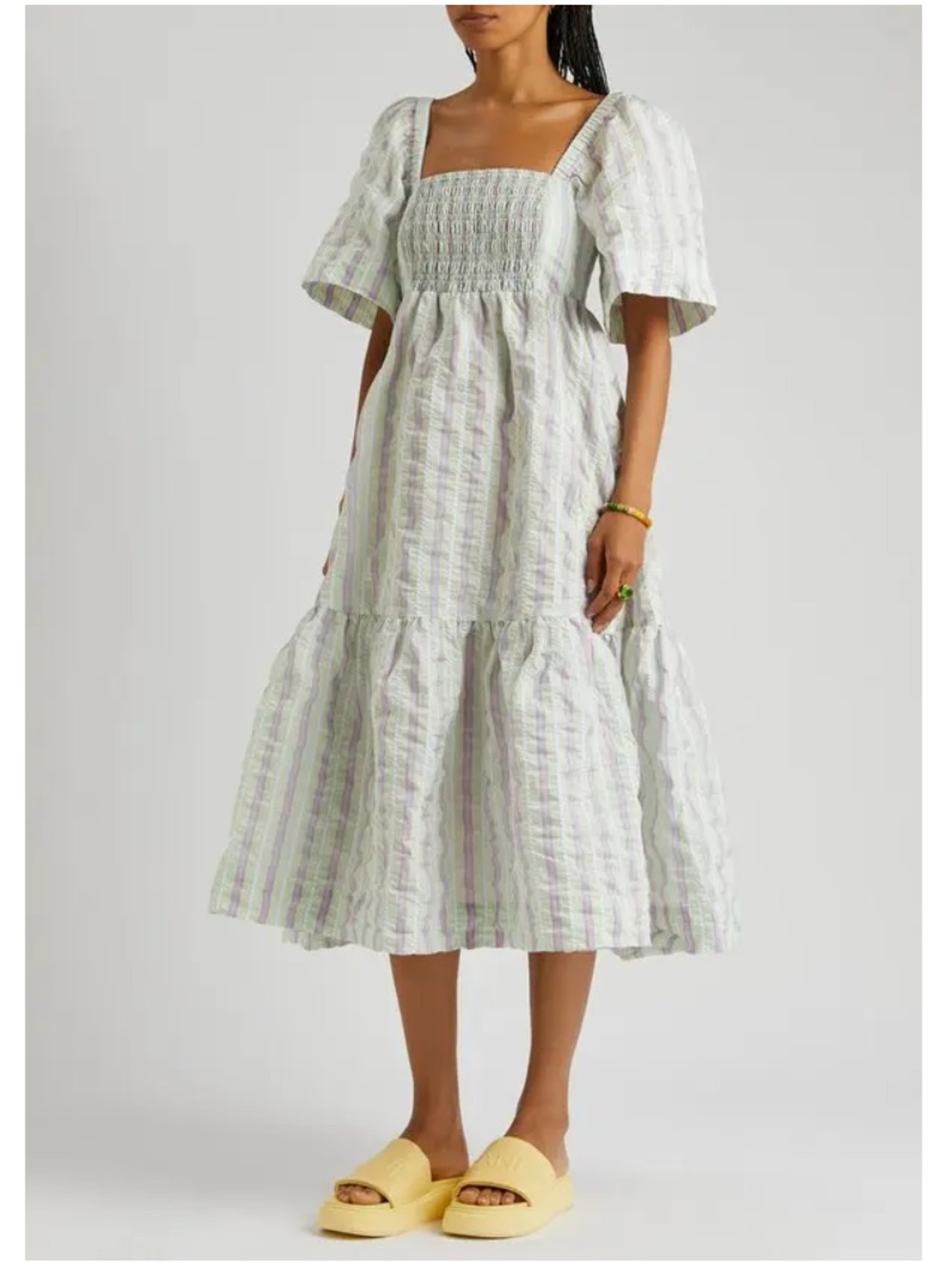 Ganni Light Green and White Striped Seersucker Midi Dress, size 40